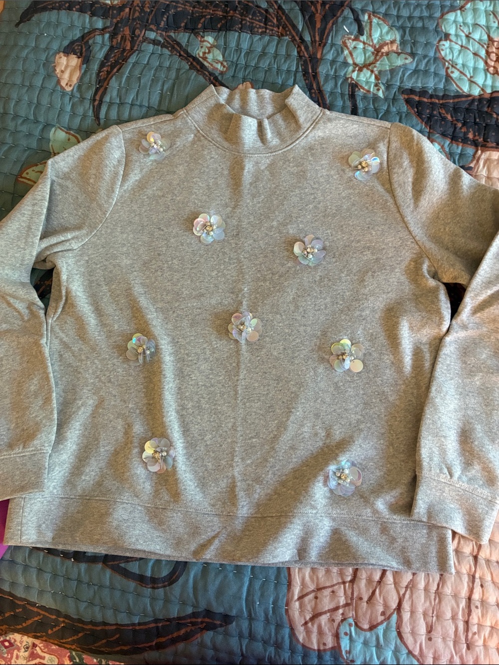 Talbots Gray Sweatshirt with Iridescent Floral Appliqués